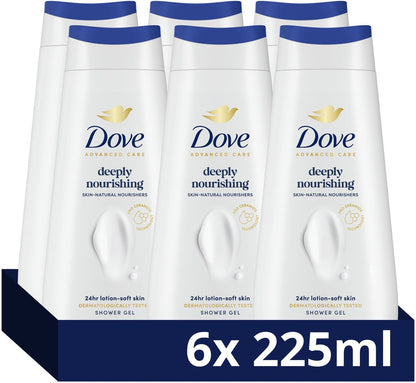 Dove Advanced Care Shower Gel - Deeply Nourishing - Improved Formula with Pro-Ceramide Technology - 6 x 225 ml