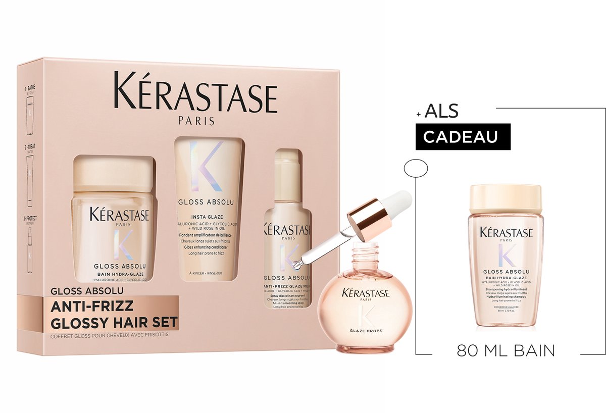 Kérastase Gloss Absolu Anti-Frizz Discovery Set with Glaze Drops + 2 Gifts - Shampoo 80 ml, Conditioner 75 ml, Spray 80 ml & Hair Oil 45 ml