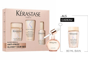 Kérastase Gloss Absolu Anti-Frizz Discovery Set with Glaze Drops + 2 Gifts - Shampoo 80 ml, Conditioner 75 ml, Spray 80 ml & Hair Oil 45 ml