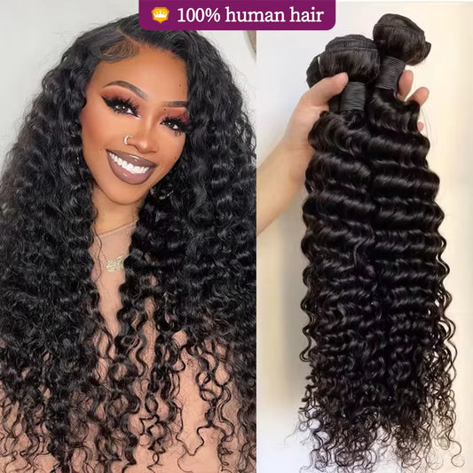 Deep Wave Human Hair Bundles 98% Brazilian Hair Natural Black