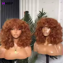 Bouncy Curly Human Hair Wig with Bangs – 16 Inches