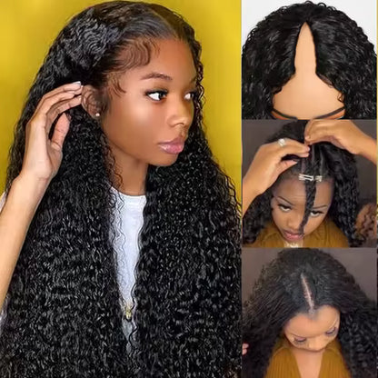 V-Part Curly Human Hair Wig – 16–32 Inch, 180%/200% Density