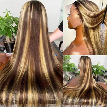 p4/27 highlight body wave remy human hair wig with hd lace front