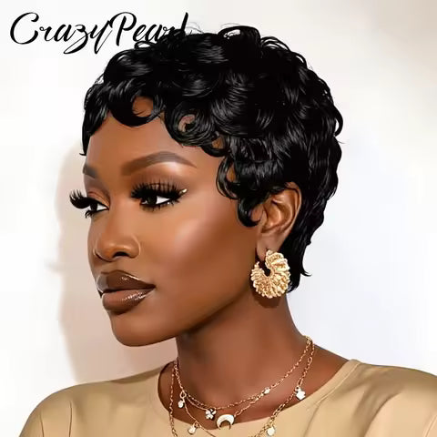 Short Curly Pixie Cut Wig 100% Human Hair
Machine Made Natural Black Layered with Bangs