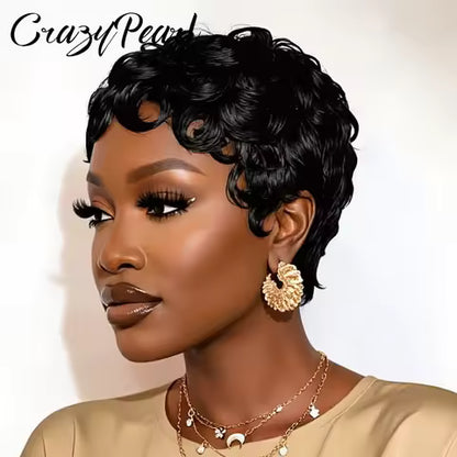 Short Curly Pixie Cut Wig 100% Human Hair
Machine Made Natural Black Layered with Bangs