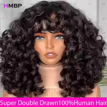 Bouncy Curly Human Hair Wig with Bangs – 16 Inches