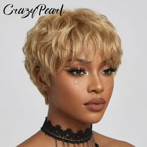 Short Curly Pixie Cut Wig 100% Human Hair
Machine Made Natural Black Layered with Bangs