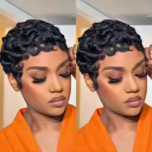Short Curly Pixie Cut Wig 100% Human Hair
Machine Made Natural Black Layered with Bangs
