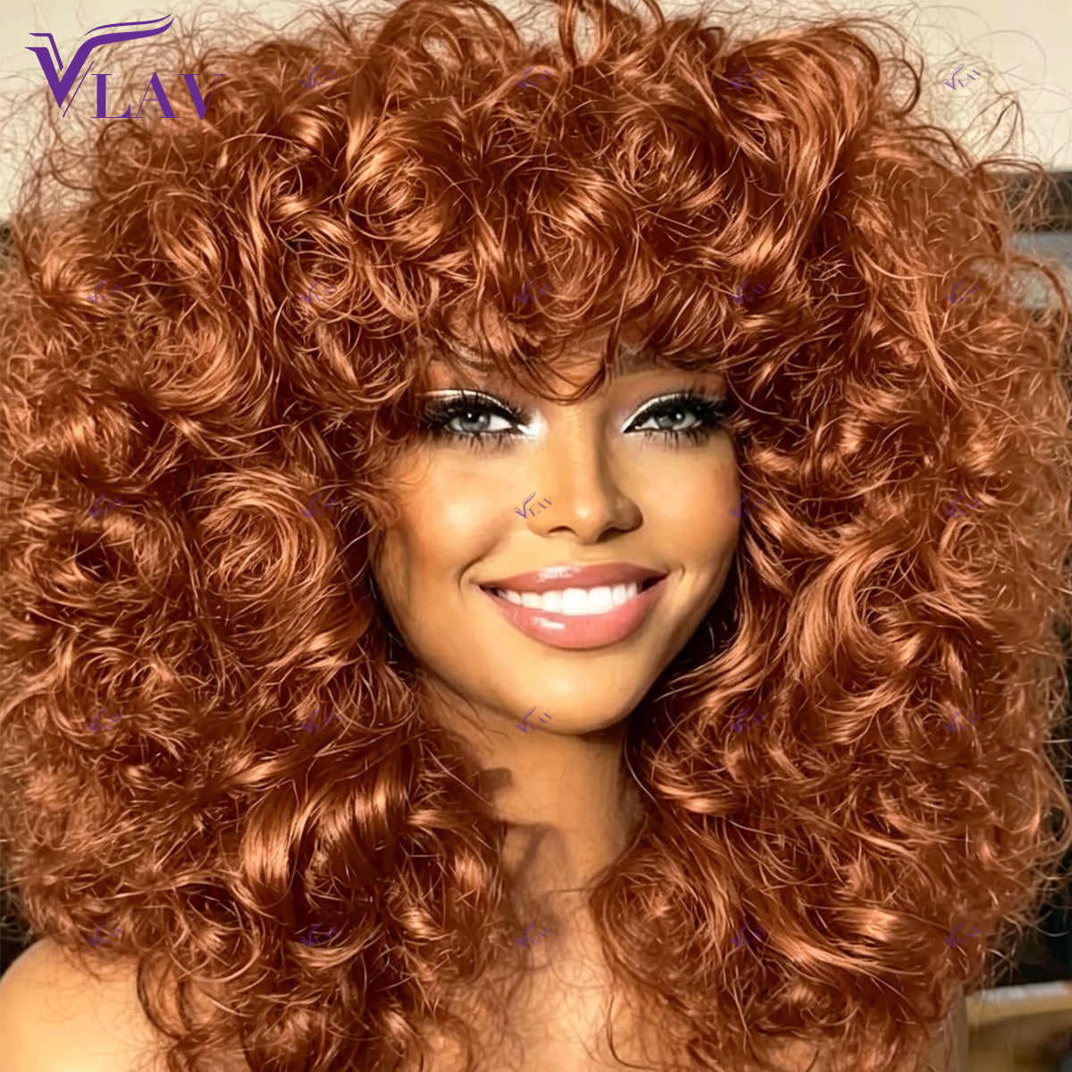 Curly Human Hair Wig with Bangs, 16 Inches, 300% Density