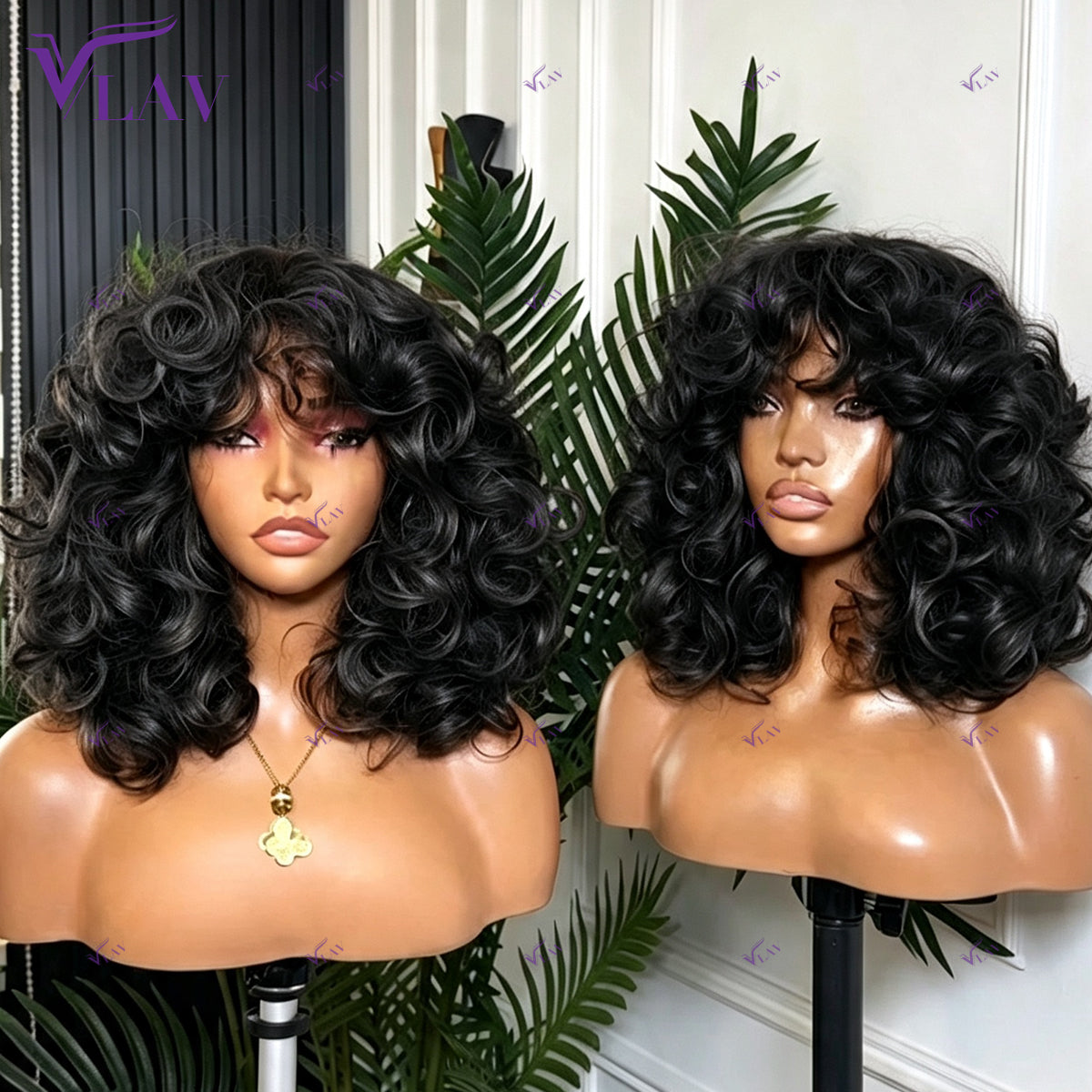 Curly Human Hair Wig with Bangs, 16 Inches, 300% Density