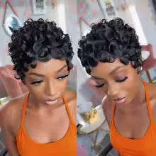 Short Curly Pixie Cut Wig 100% Human Hair
Machine Made Natural Black Layered with Bangs