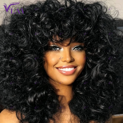 Curly Human Hair Wig with Bangs, 16 Inches, 300% Density