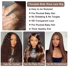18–46 inch chocolate brown body wave human hair wig with hd lace front
