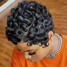 Short Curly Pixie Cut Wig 100% Human Hair
Machine Made Natural Black Layered with Bangs