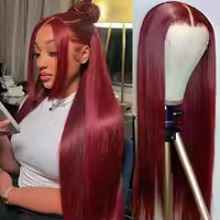 burgundy straight human hair wig with hd lace front