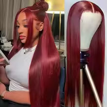 burgundy straight human hair wig with hd lace front