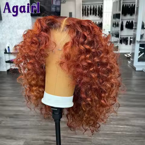 Bouncy Curly Human Hair Wig with Bangs – 16 Inches