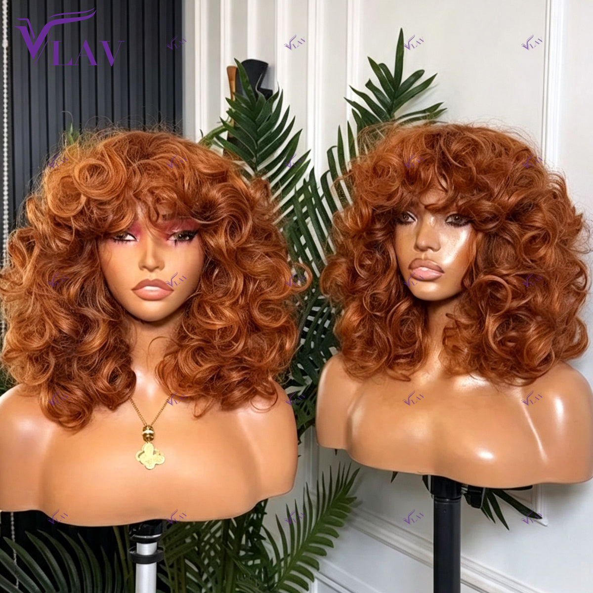Curly Human Hair Wig with Bangs, 16 Inches, 300% Density