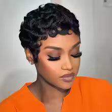 Short Curly Pixie Cut Wig 100% Human Hair
Machine Made Natural Black Layered with Bangs