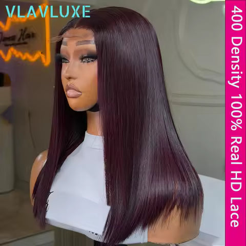 burgundy straight human hair wig with hd lace front